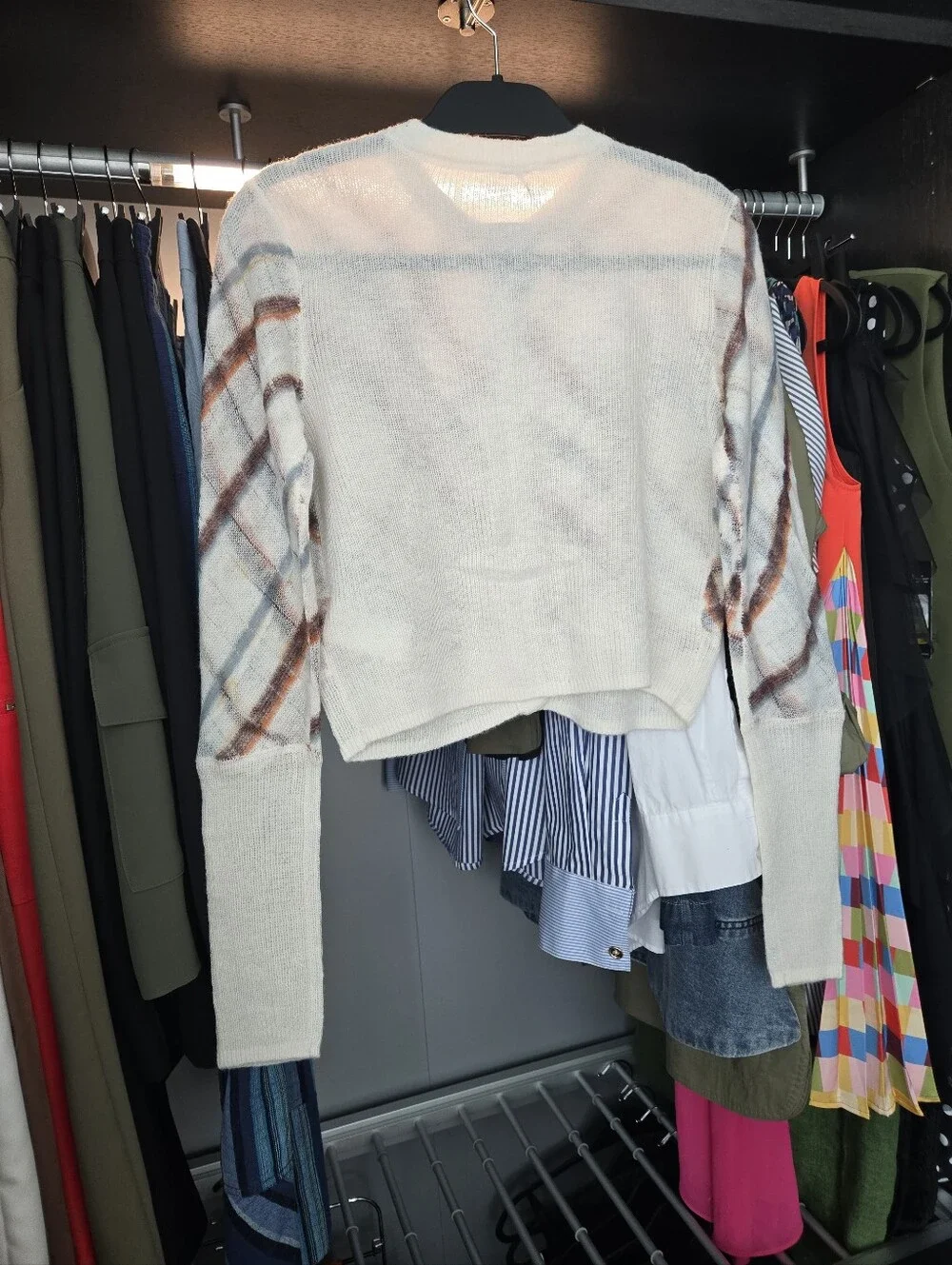 Free People Cream Plaid Cropped Cardigan with Brown and Gray Checks